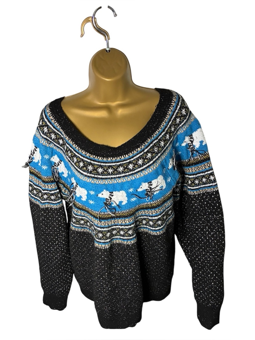 Holiday Time Fair Isle Polar Bear Ugly Christmas Sweater Black Blue 3X